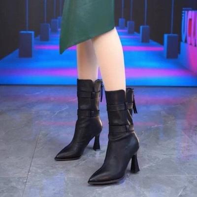 Μυτερή Μύτη Κομψά Ψηλοτάκουνα Γυναικεία Μποτάκια Μέχρι Μέση Γάμπα Φθινόπωρο Χειμώνας με Φλις Επένδυση Δερμάτινα Γοτθικά Νέα στην Υπόδηση