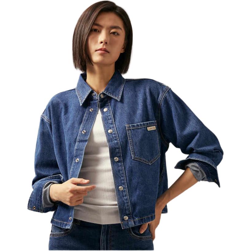 Calvin Klein Cotton Vintage Minimalist Pocket Loose Short Denim Shirt Women Shirts Denim-Blue J224416