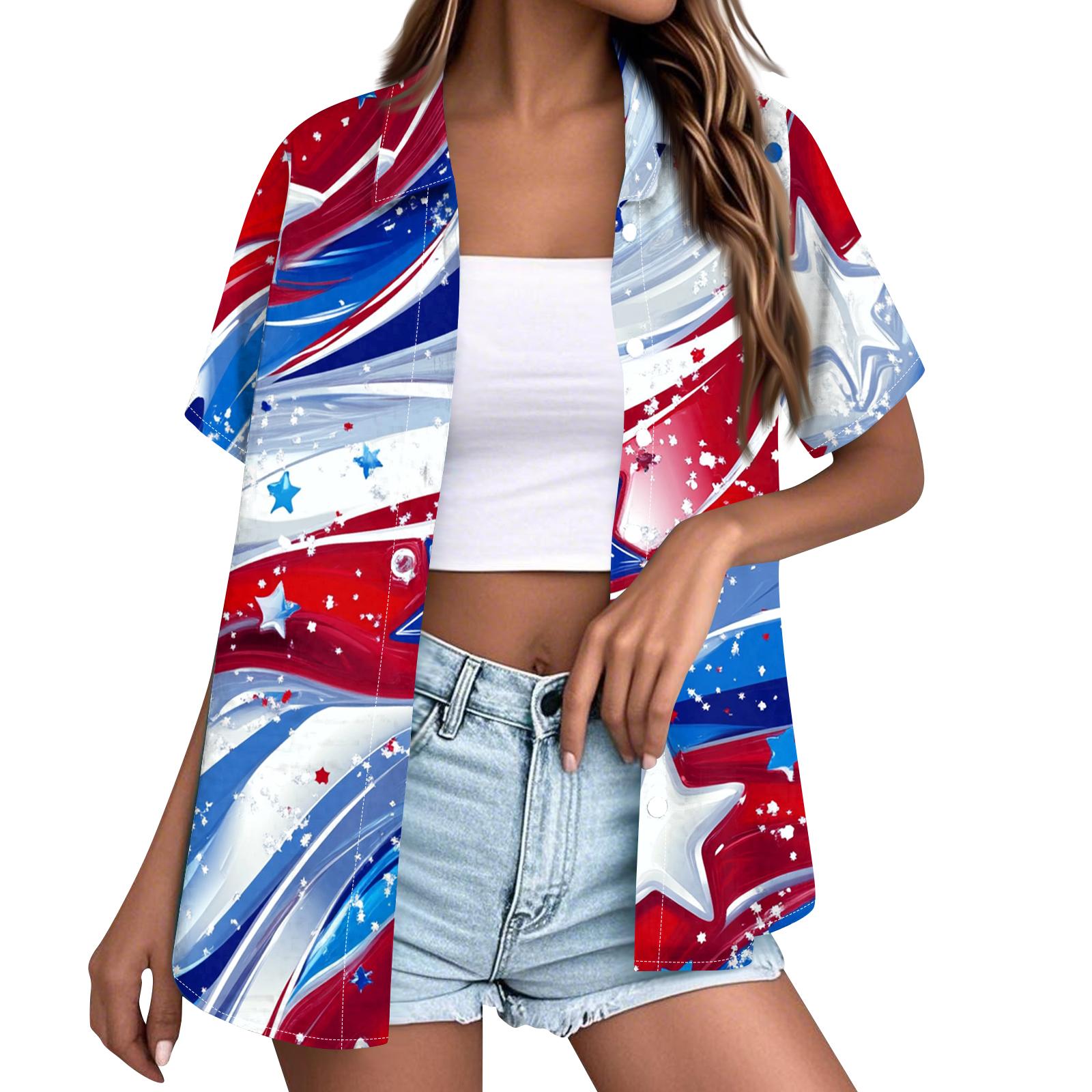 

Women Casual Button Down Shirt Short Sleeve Collar Top Lightweight Loose Fit Printed Summer Blouse for Everyday Wear S синій
