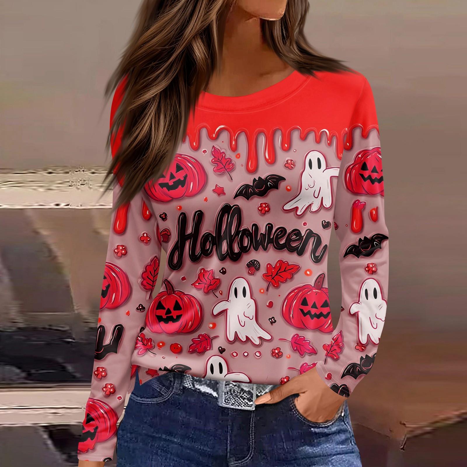 

Women s Fashion Casual Slit Hem Round Neck Long Sleeve Loose Halloween Printed T-Shirt Ladies Top S Кіновар