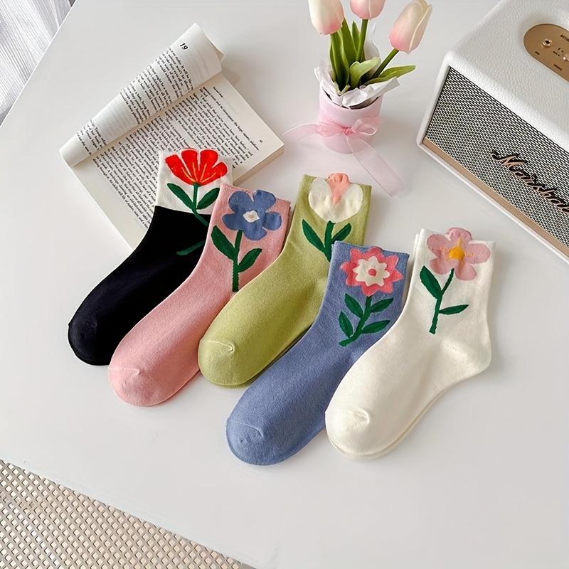 5pairs Socks Korean Japanese Style Cartoon Green Flower Harajuku Cute Kawaii Mid Tube Socks Breathable Casual Short Cotton Socks