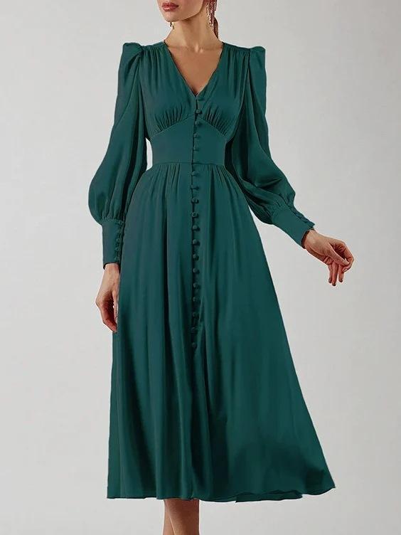 2026 European and American women s clothing, satin dress, lantern sleeves, waist and thin European and American temperament slim dress S темно-зеленого