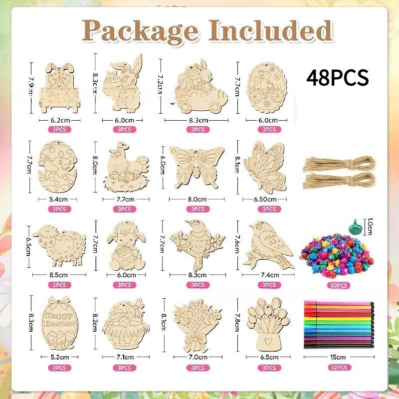 48PCS Easter Pendant Children s Wooden Pendant Easter Egg Pendant Party Decoration Craft Decoration