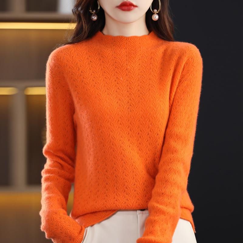 Women's Retro Wool Knit Hollow Out Sweater - Autumn/Winter Long Sleeve Half High Neck Pullover.