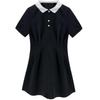 Women's Petite Black Polo Collar Waist-Cinching Dress - 2025 Summer Little Black Dress