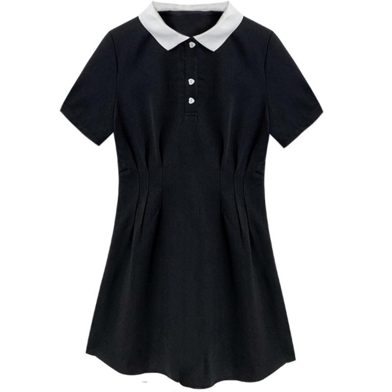 Women's Petite Black Polo Collar Waist-Cinching Dress - 2025 Summer Little Black Dress