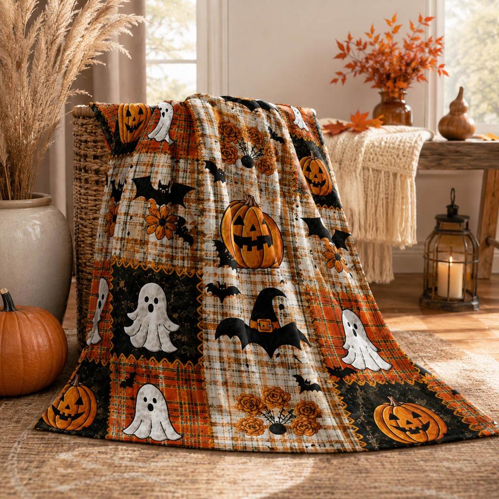 Couverture Jetée Patchwork d'Halloween – Couverture Douce en Peluche Confortable pour Canapé, Lit et Décoration de Fête