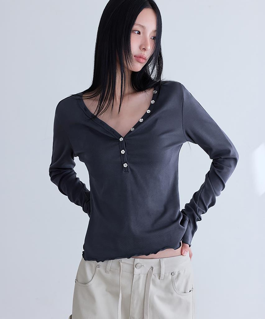 Londonda Button V-Neck Long Sleeve T-Shirts, 3Colors