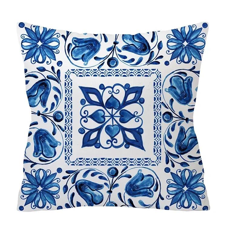 Aquarell Blau Kissenbezug Geometrie Ethnisch Floraler Druck Kissenbezug Modernes Boho Dekor Wohnzimmer Sofa Kissenbezug 45*45cm