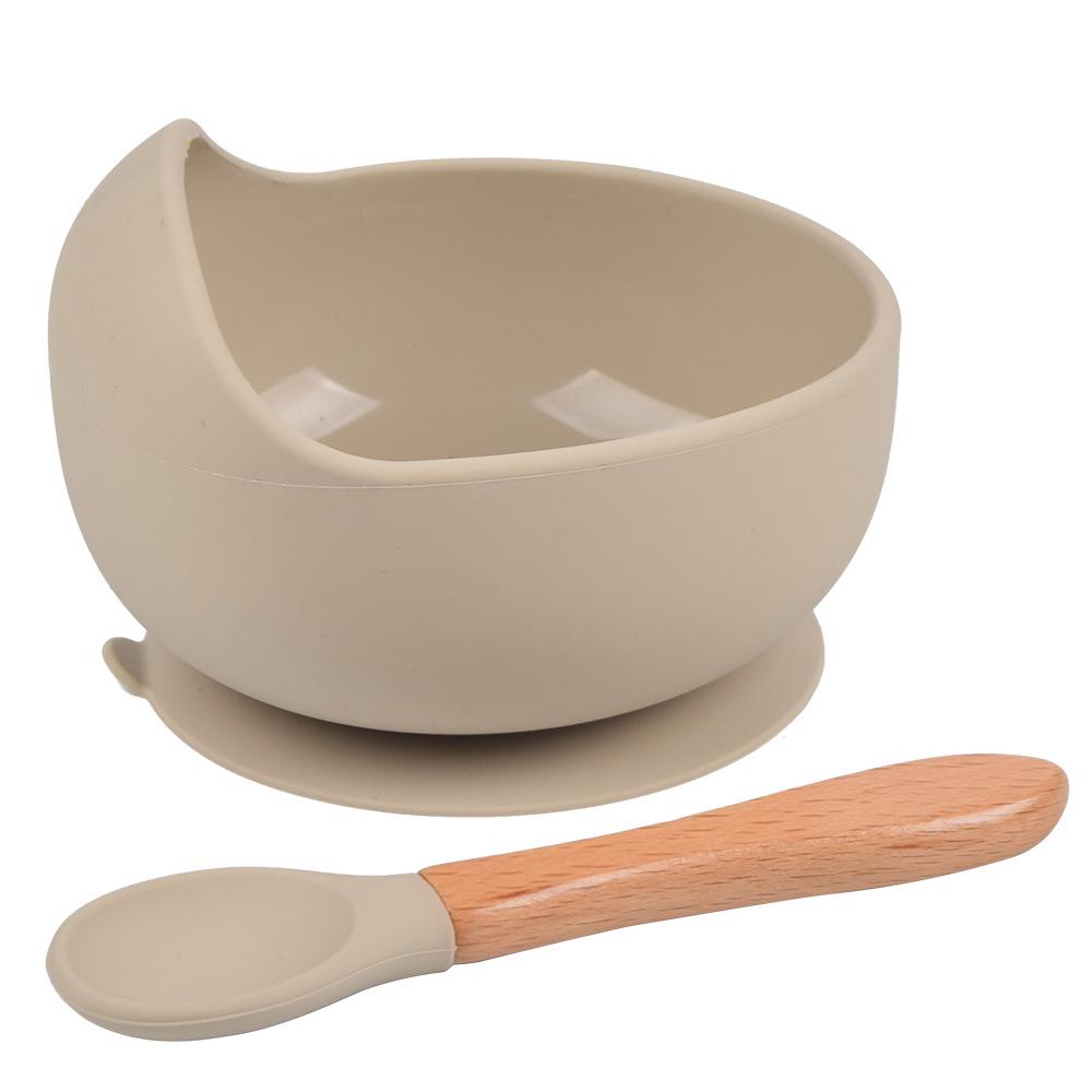 Silicone Baby Bowl & Spoon Set with Wooden Handle and Suction Cup