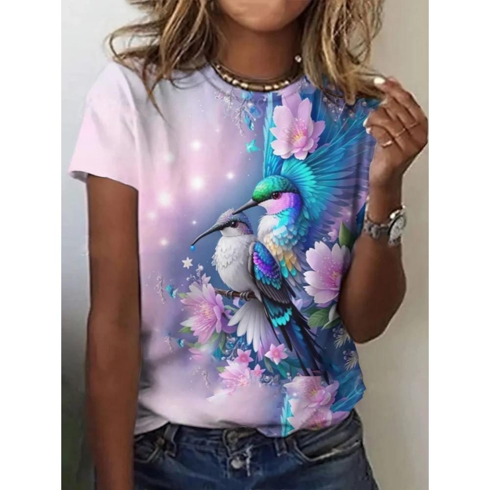 Ladies Fashionable Comfortable Printed Animal T-shirt Interesting Animal Owl Bird Patterns Loose Breathable Large Size Short Sleeved T-shirt