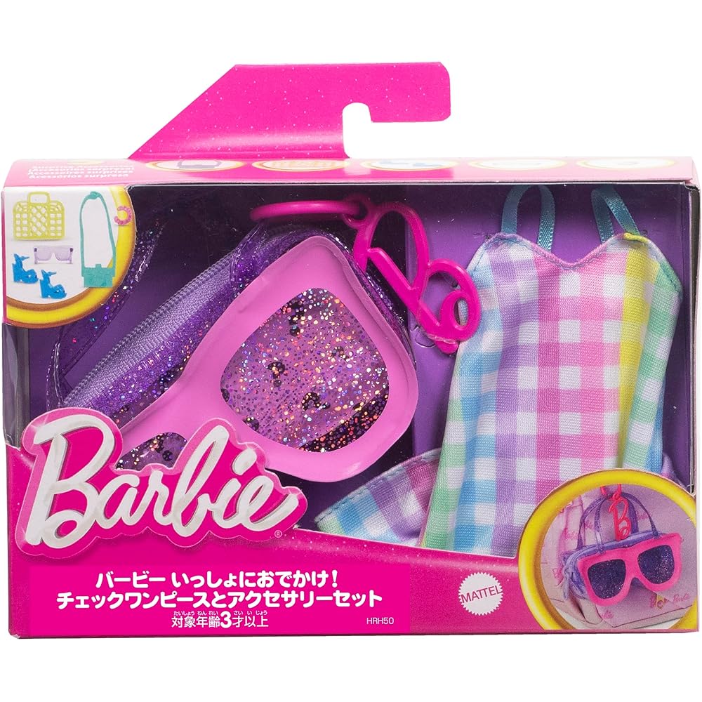 Barbie Fashion Doll Outfit Set Pink Check Dress with Accessories for 3 Years and Up