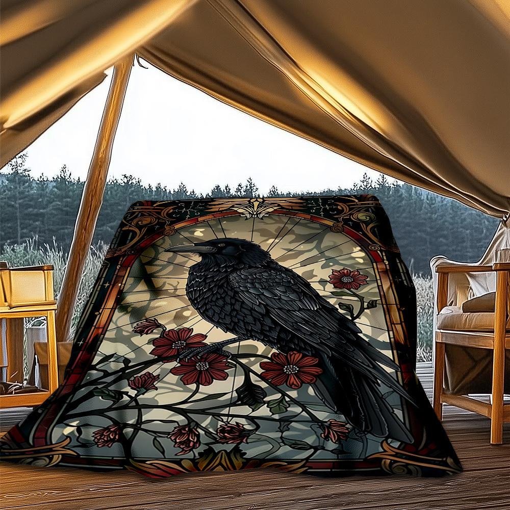 1pc Stained Glass Raven Throw Blanket Polyester Fiber, Lightweight Flannel, Soft & Warm, All Season Use for Outdoor, Camping Digital Print 80x120cm