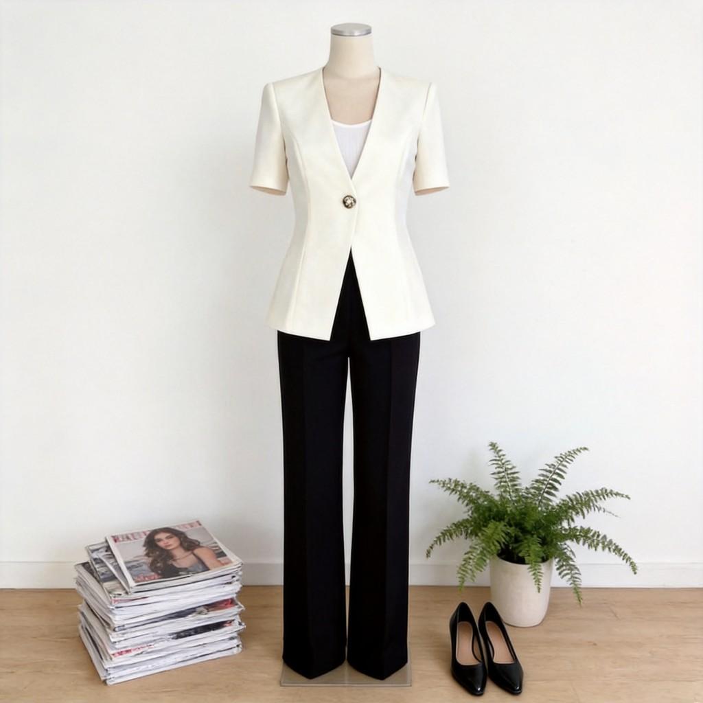 Eleganter Damen-Blazer mit einem Knopf, V-Ausschnitt, kurzen Ärmeln für das Büro