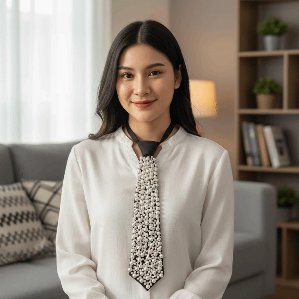 Korean Style Full Pearls Tie Black Decoration Shirt Tie Hand-beaded Long Necktie  Performance