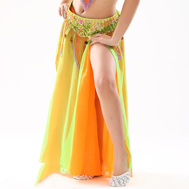 

Детская двухслойная шифоновая юбка двойного цвета для танца живота, юбка высокого класса, детская танцевальная юбка с разрезом на ноге one size