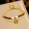 Gold Flower Pendant Tiger's Eye Beaded Herringbone Bracelet