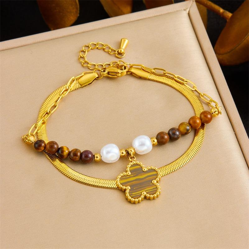 Gold Flower Pendant Tiger's Eye Beaded Herringbone Bracelet