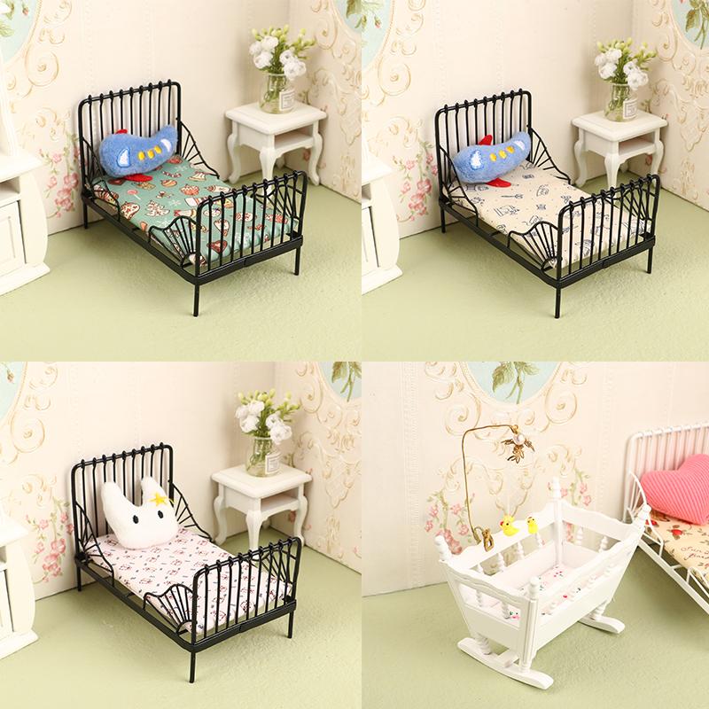 1:12 Dollhouse Mini European Iron Bed Cradle Bed Cushion Mattress Bedroom Decor