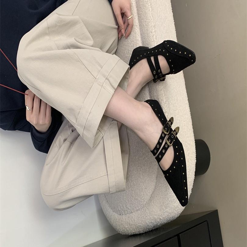 Flat heel suede low-top shoes Flat bottom shallow mouth rubber single shoes One-word buckle with pointed tip