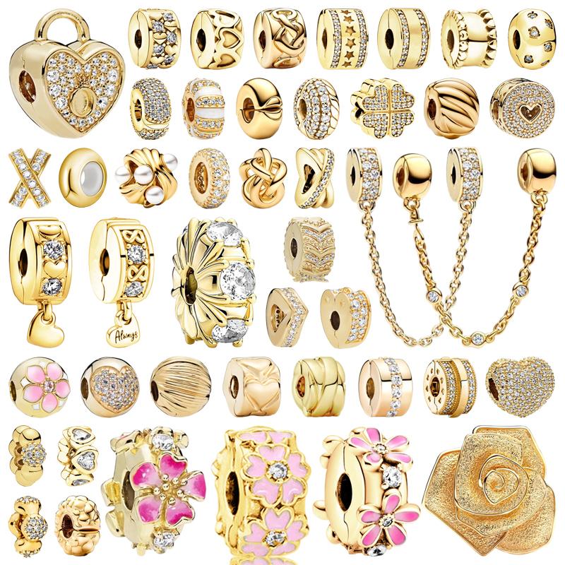 New Golden Fine Sparkling Clip Collection Charm Bead Charms Safety Chain Clip Flower Heart Clip Compatible With Authentic Bracelets Do It Yourself J