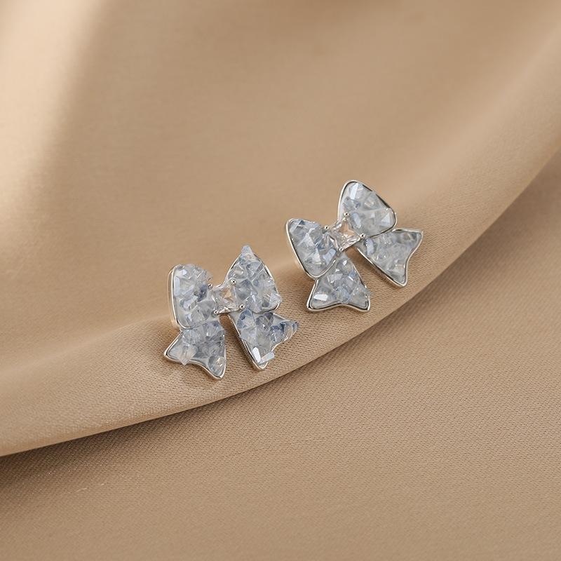 Zircon crystal bow stud earrings spring and summer new blue small fresh earrings fashionable versatile light luxury earrings