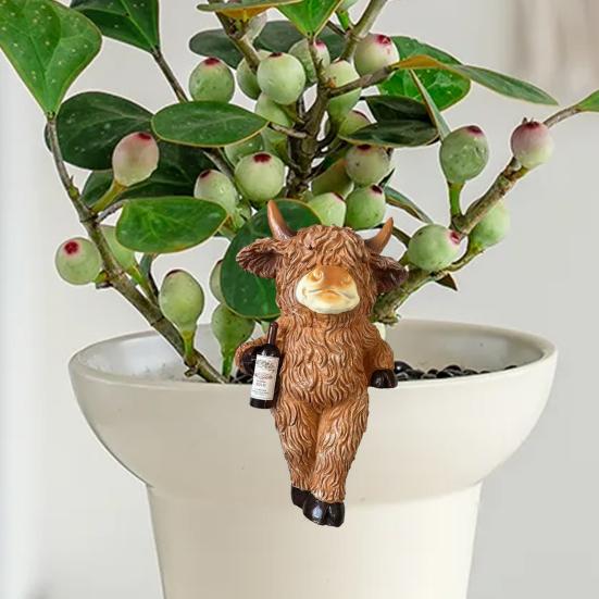 Figura de Vaca de las Tierras Altas Abrazadora de Macetas Divertida Decoración de Maceta de Resina Adorno de Animal de Granja Lindo para Interior Exterior Patio Balcón Jardín Césped