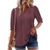 Solid Color V Neck Puff Sleeve Loose Casual Five Quarter Sleeve T Shirt
