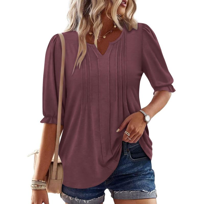 Solid Color V Neck Puff Sleeve Loose Casual Five Quarter Sleeve T Shirt