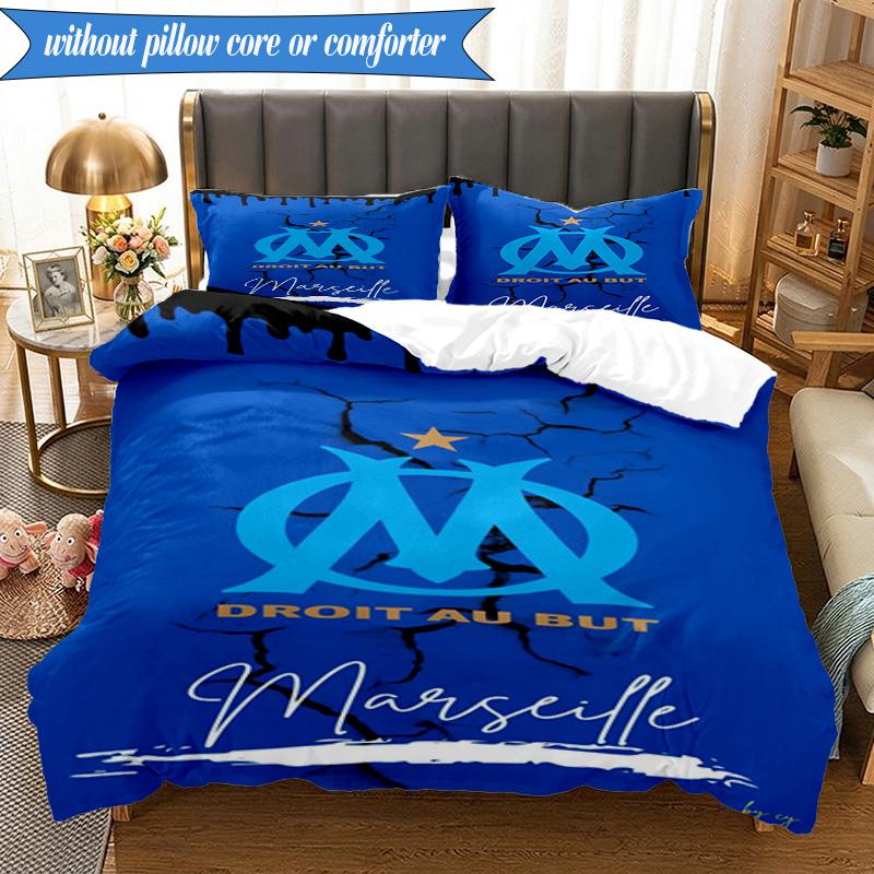 3PCS Olympique Football Crest Printed Soft Bedding Set,Including 1pc Duvet Cover And 2pcs Pillowcases Perfect for Bedroom, Dormitory, Fan gift