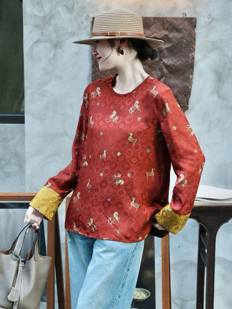 Golden Saddle Jacquard Silk Xiangyun Women's Round Neck Shirt - Spring 2026 Chinese Style Top