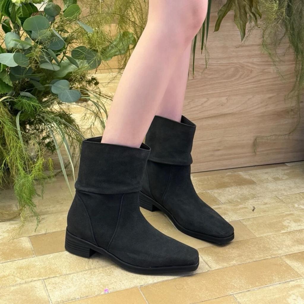 Sheepskin version~ Korean retro square head push boots short boots women's 2025 new thick heel western cowboy boots Martin boots