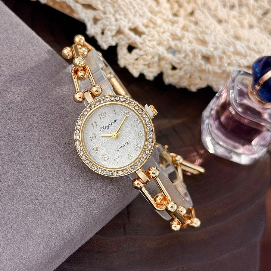 New Women's Luxury Gold Thick Chain Watch with Multi-color Diamond-embellished Dial, Retro Style Bracelet Quartz Wristwatch