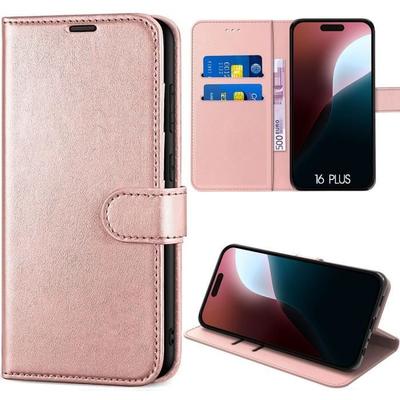 Case for iPhone 16 Plus - BRAND - Flip Case PU Leather Pink - Foldable Stand - Card Holder - Semi-rigid