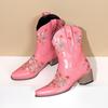 Klumpete Hæl Spiss Tå Dame Boots Retro Medium Hæl Yttertøy Broderi Bred Legg Over Kneet Støvler for Kvinner Skinn