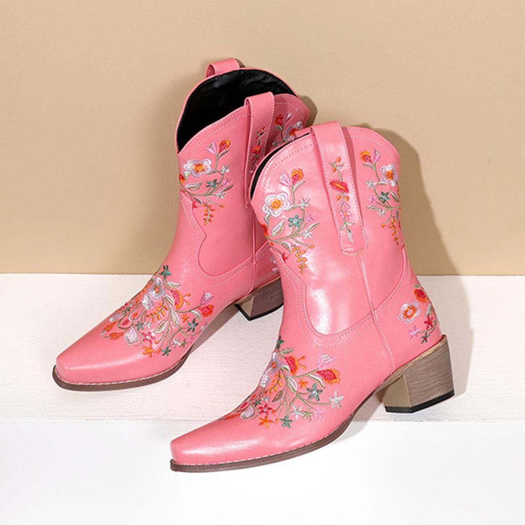 Klumpete Hæl Spiss Tå Dame Boots Retro Medium Hæl Yttertøy Broderi Bred Legg Over Kneet Støvler for Kvinner Skinn