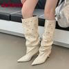 Fashion Modern Women Knee High Boots With Heels Shoes Fashion Pointed Toe Party Ladies Long Boots Slip On Shoes Female Pumps