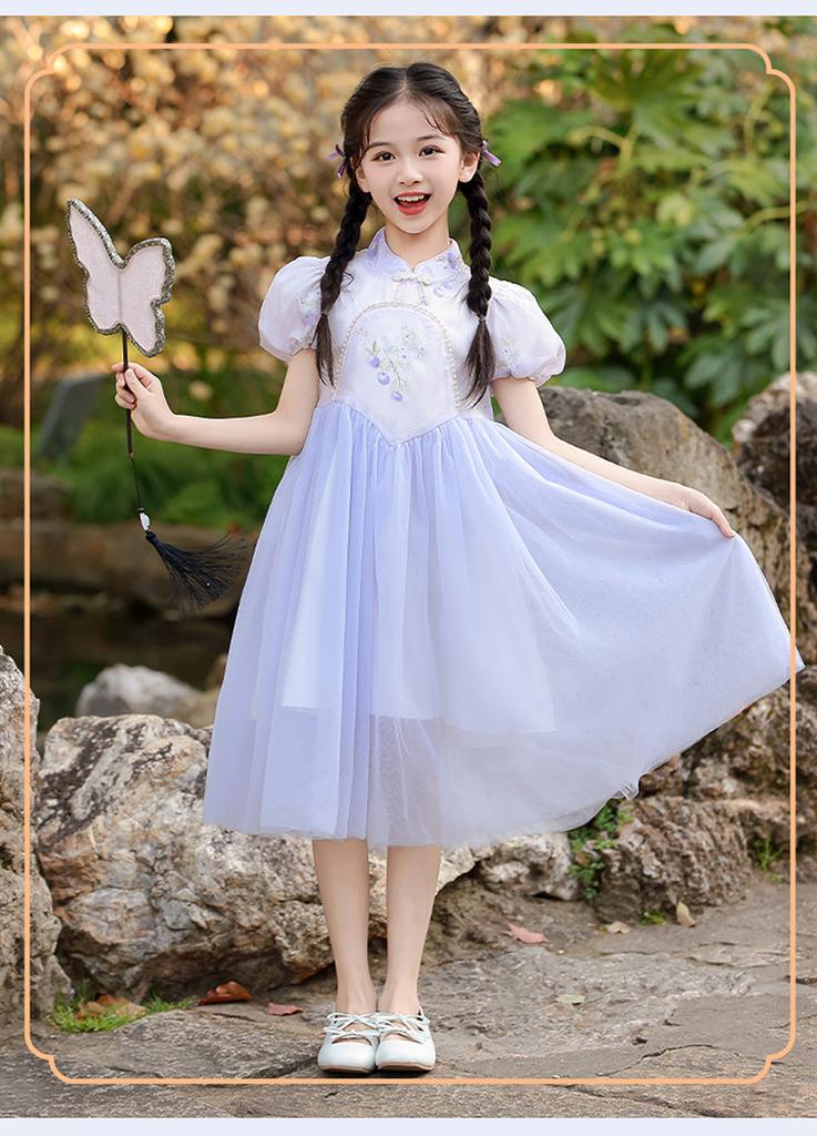 Summer Girls' New Chinese Style Dress, Medium Size Children's Mesh Qipao Skirt, Bubble Sleeves Princess Skirt, Girls' Fashion