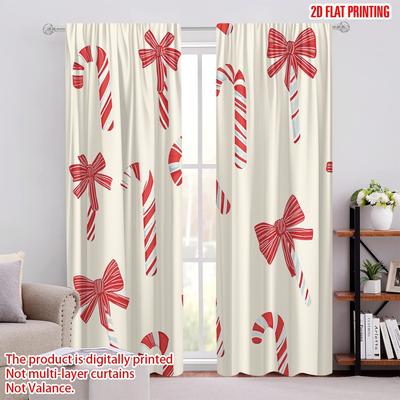 2 pièces, Impression plane 2D Tissu Rideau Rayures Canne de Noël Noël (4) Polyester durable (sans tige) Idéal pour Toutes les Saisons