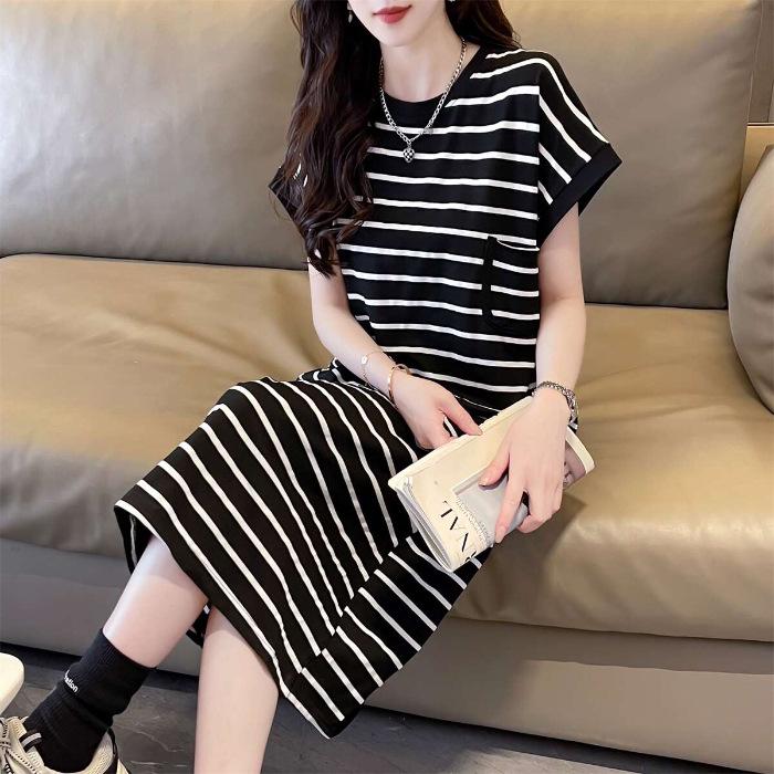 Long Loose and Thin Striped Dress, New Summer Niche Design Casual T-shirt Skirt