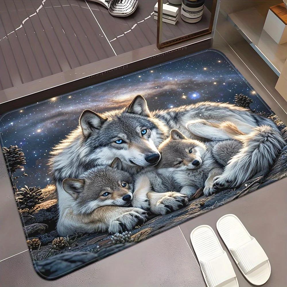 Tappetino Artistico Famiglia di Lupi - Tappeto Animale Selvatico per Corridoio, Camera da Letto e Soggiorno, Tappeto Decorativo Antiscivolo Lavabile in Lavatrice