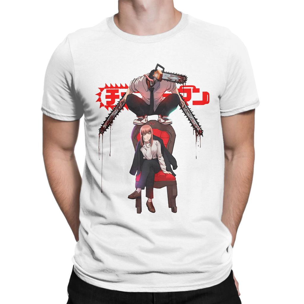 Men T-Shirt Denji And Makima Chainsaw Man Japanese Anime Vintage Pure Cotton Tee Shirt Short Sleeve T Shirts Clothing Plus Size