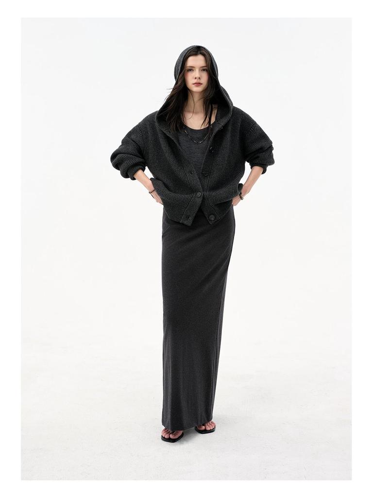 Ultra-Comfortable Knit Wool Blend High-Waist Fishtail Maxi Skirt with Back Slit