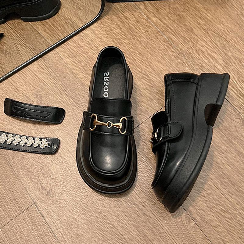 Loafers horse buckle thick-soled medium-heeled small leather shoes for women's 2025 spring one-pedal British new single shoes heightening shoes