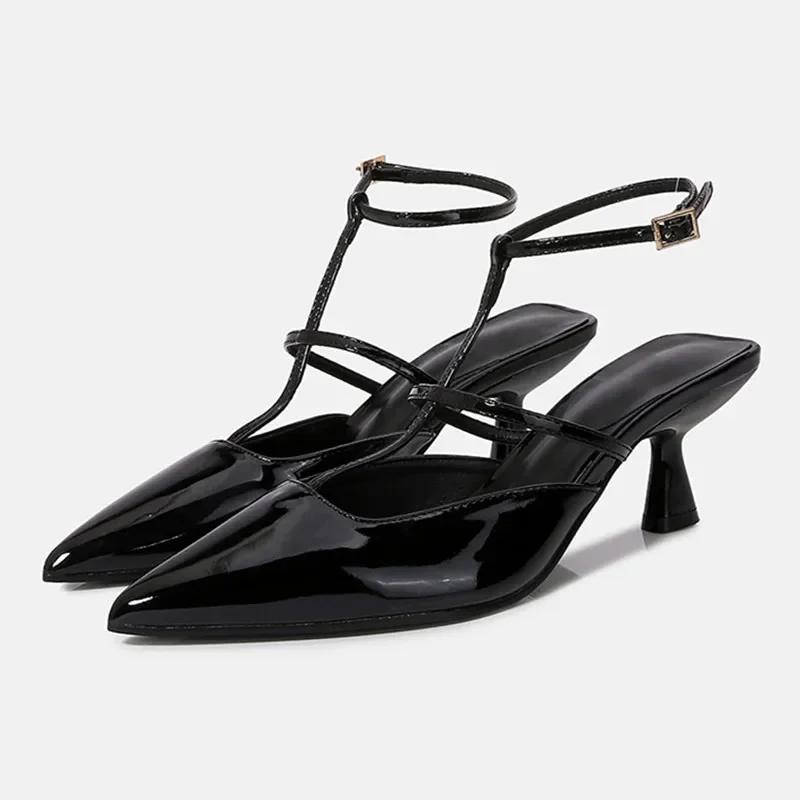 Fashion Black Patent Leather Ankle-Wrap Pumps Women Sexy Pointed Toe Heeled Sandals Elegant Slingbacks Mules Heels Summer Designer Shoes