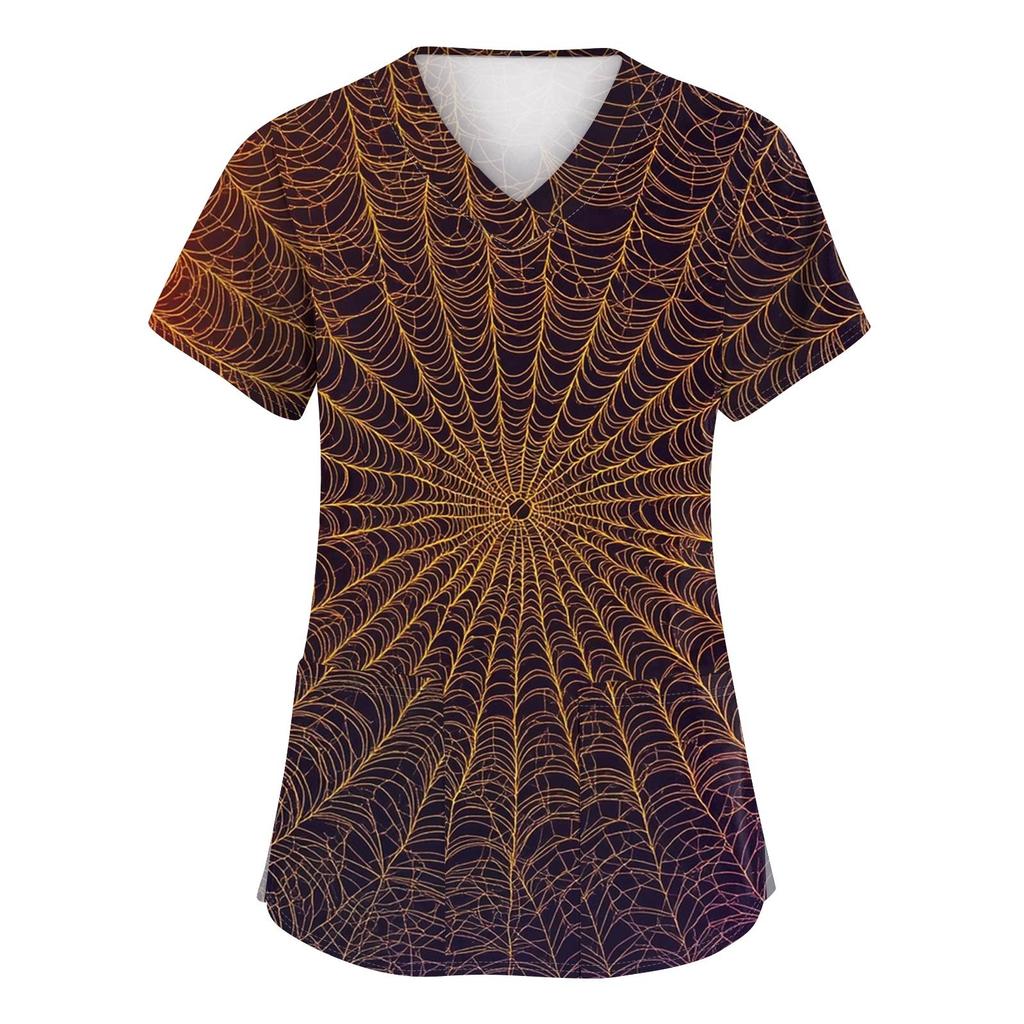 Women's Fashion V-neck Short-sleeved Work Uniform With Pockets, Halloween Print Top
