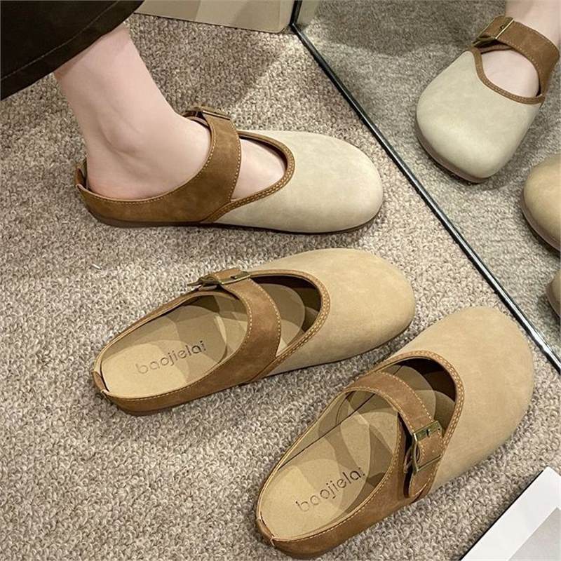 Round head soft sole Boken shoes in the spring and autumn of 2024, new lazy thick-soled Boken shoes, bag head and half slippers, women's outer wear