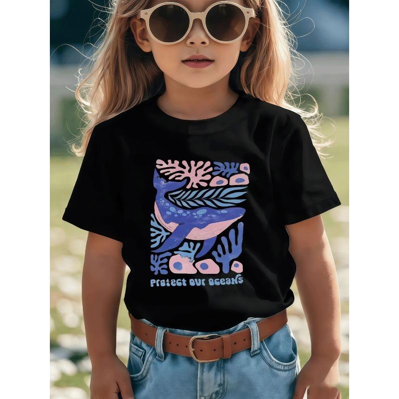 European sizes Protect Our Oceans Whale Print Soft Comfortable Breathable Skin-friendly Casual Short-sleeved T-shirt Trendy Summer Kids' Top