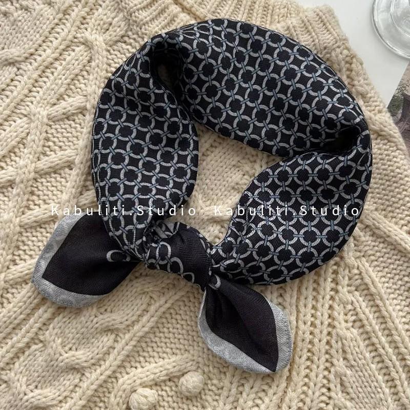 70x70cm Lightweight Square Scarf Women Vintage Black Floral Print Silk-Feel Neck Wrap UV Protection Stylish Accessory