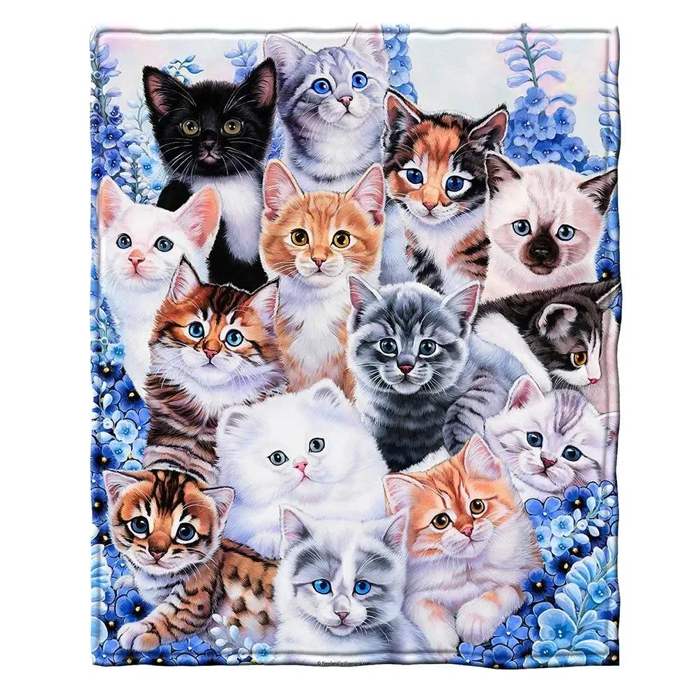 Cute Kitten Print Plush Throw Blanket Soft Cozy Fleece Warm Bedspread Shawl for Bed Sofa Home Decor 100cm x 150cm